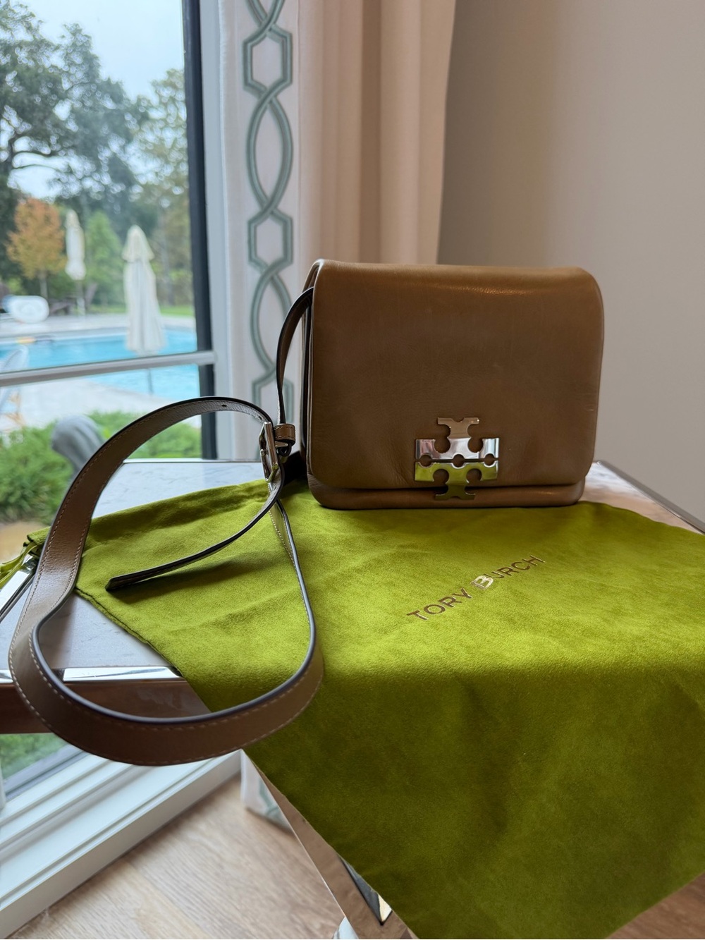 Tory Burch Tan Leather Shoulder Crossbody Bag Silver Logo + Dust Bag